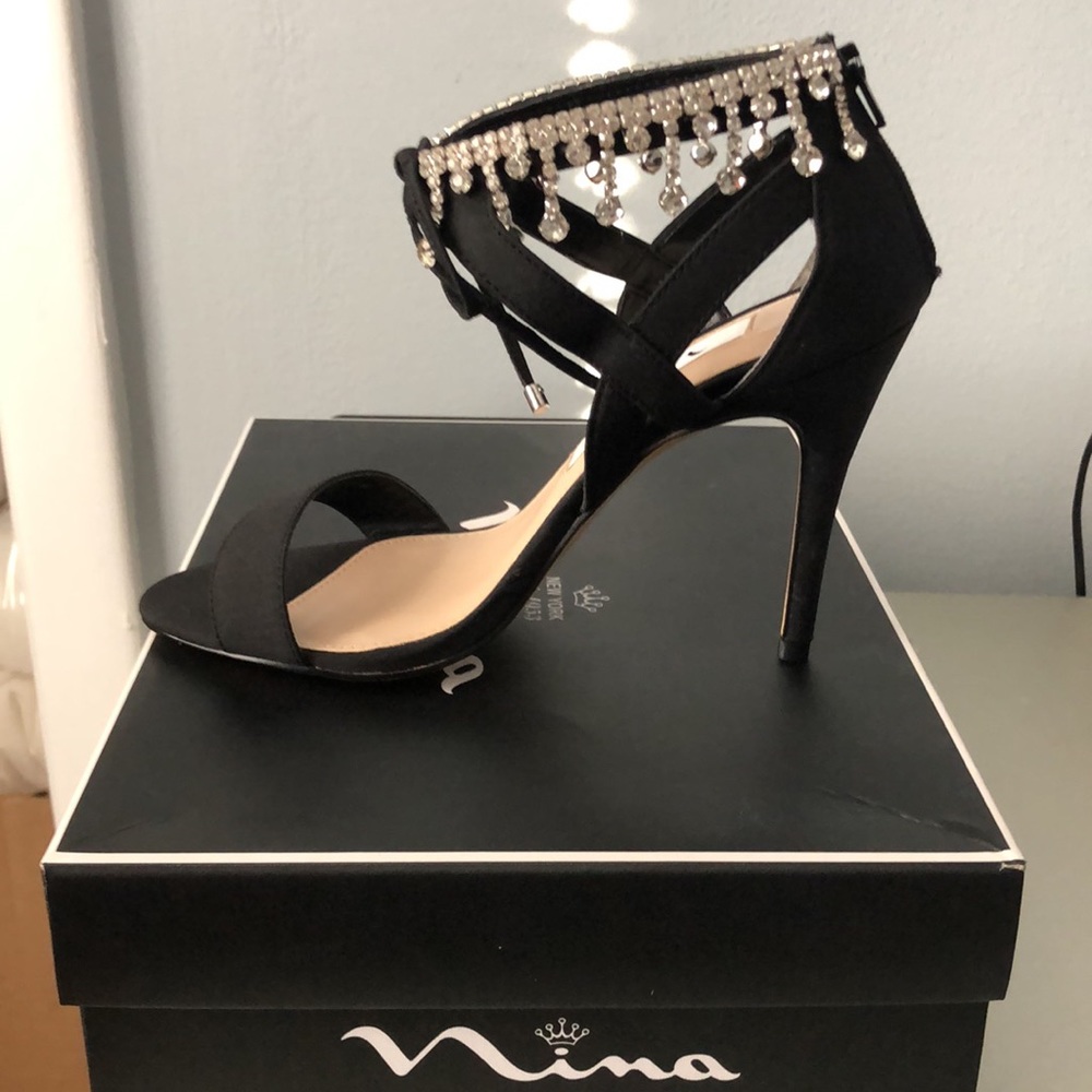 Nina Collina black satin & rhinestone open toe heel